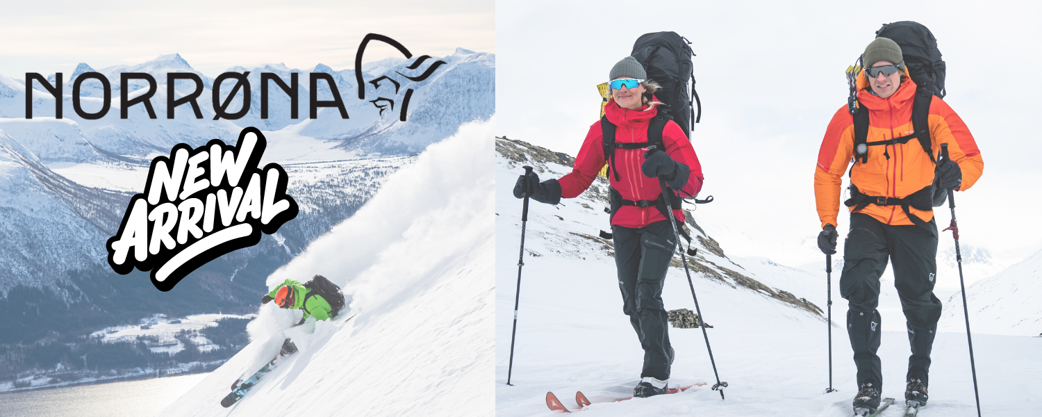 Norrona winter clothing new arrivals banner with a skier making a slash above a fjord and two people cross country skiing